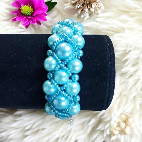 Aqua Blue Faux Pearl Woven Artisan Beaded Bracelet - Picture 1 of 5